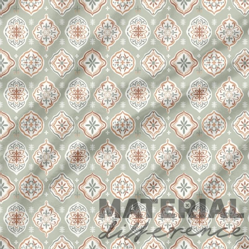 Patterned sage green material with geometric design and 'MATERIAL DIFFERENCE' text.