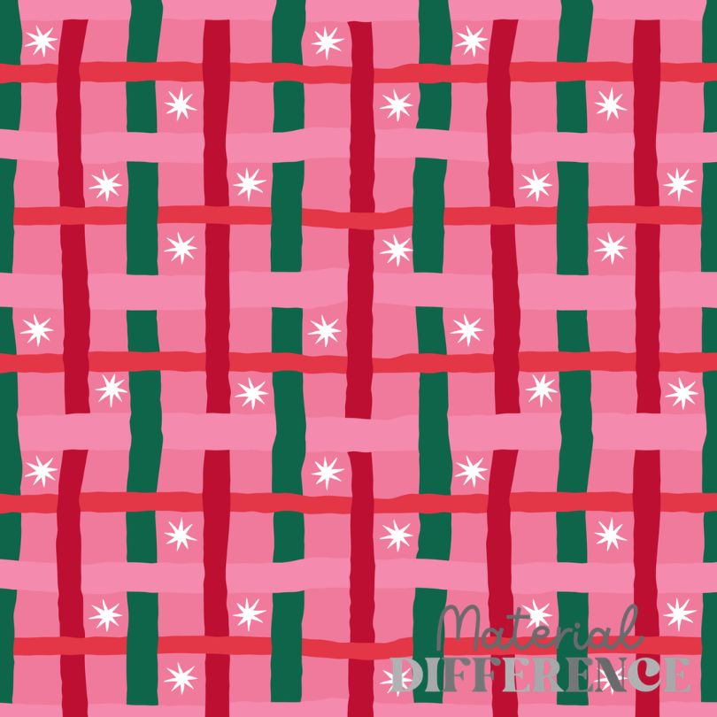 A repeating woven pattern in pink, red, and green with small white starburst accents, overlaid with a translucent 'Material Difference' watermark at the bottom right.