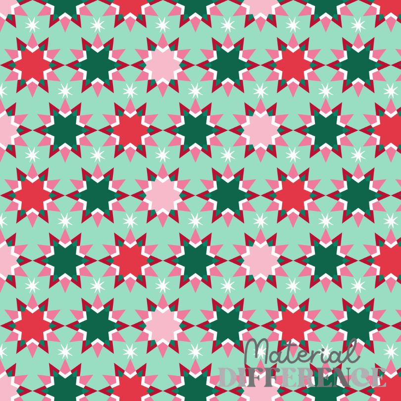 A repeating geometric pattern featuring red, dark green, light pink, and white starburst motifs on a mint green background, with a faint 'Material Difference' watermark near the bottom right.