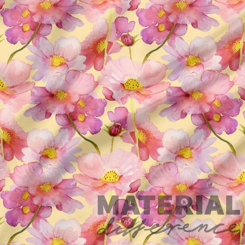 Pattern of pink and purple flowers with 'MATERIAL difference' text on a yellow background