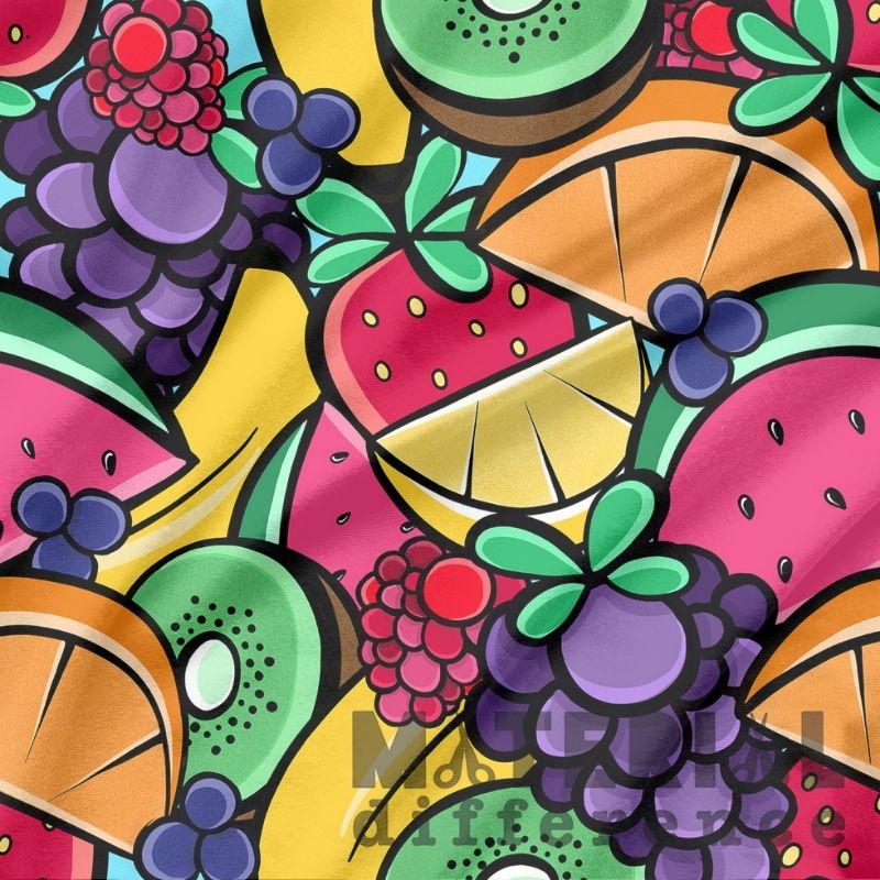 Colorful illustration of various fruits on a patterned background