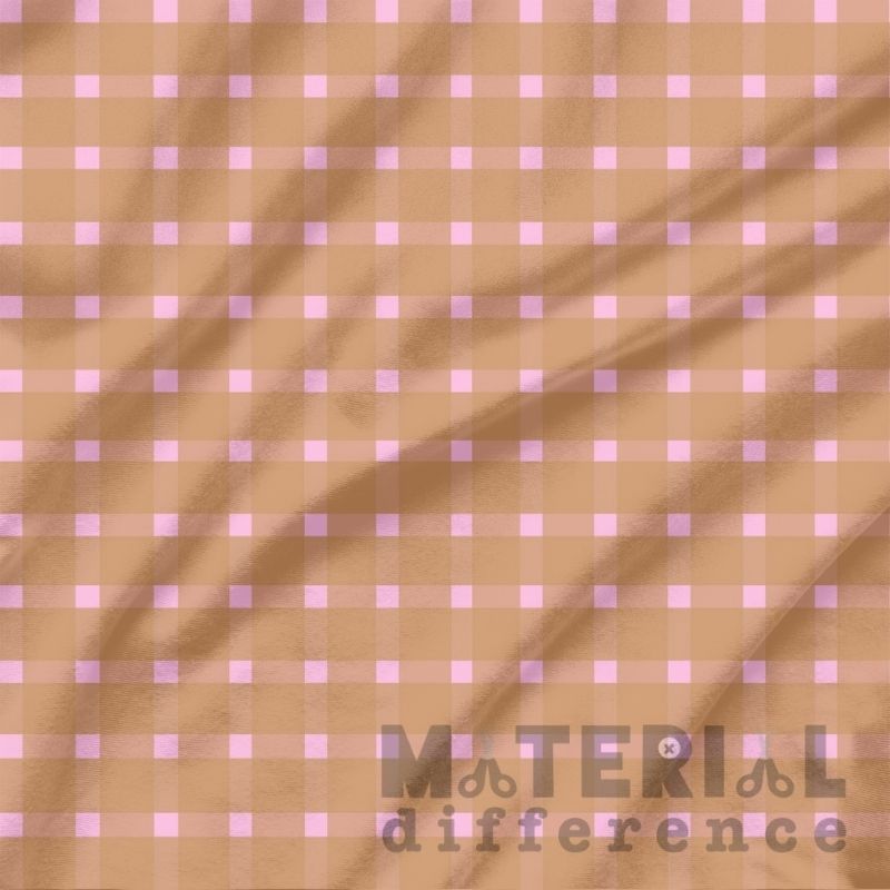 Checkered fabric with pink and brown squares and 'Material Difference' branding.