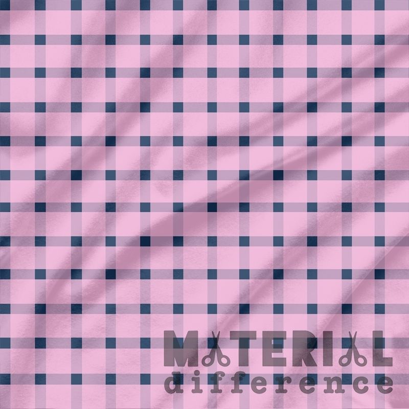 Pink and blue checkered fabric with 'Material Difference' text.