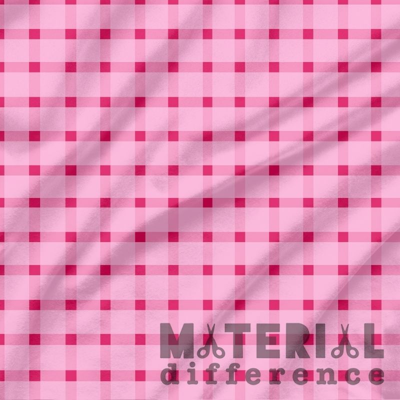 Pink and red checkered fabric with 'Material Difference' branding.