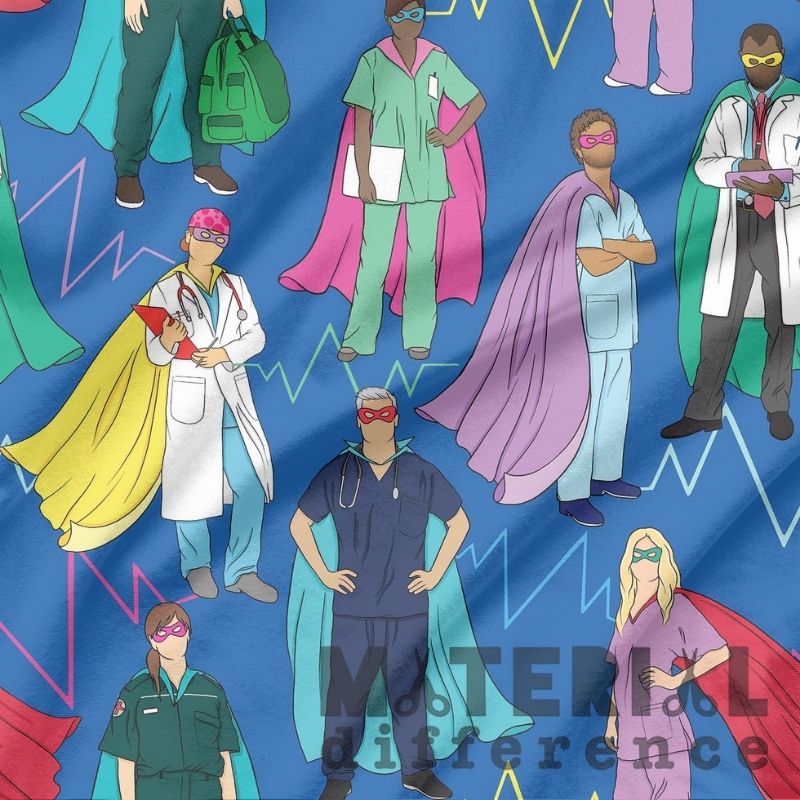 Illustrations of healthcare workers in superhero costumes on a blue background with 'Material Difference' text.