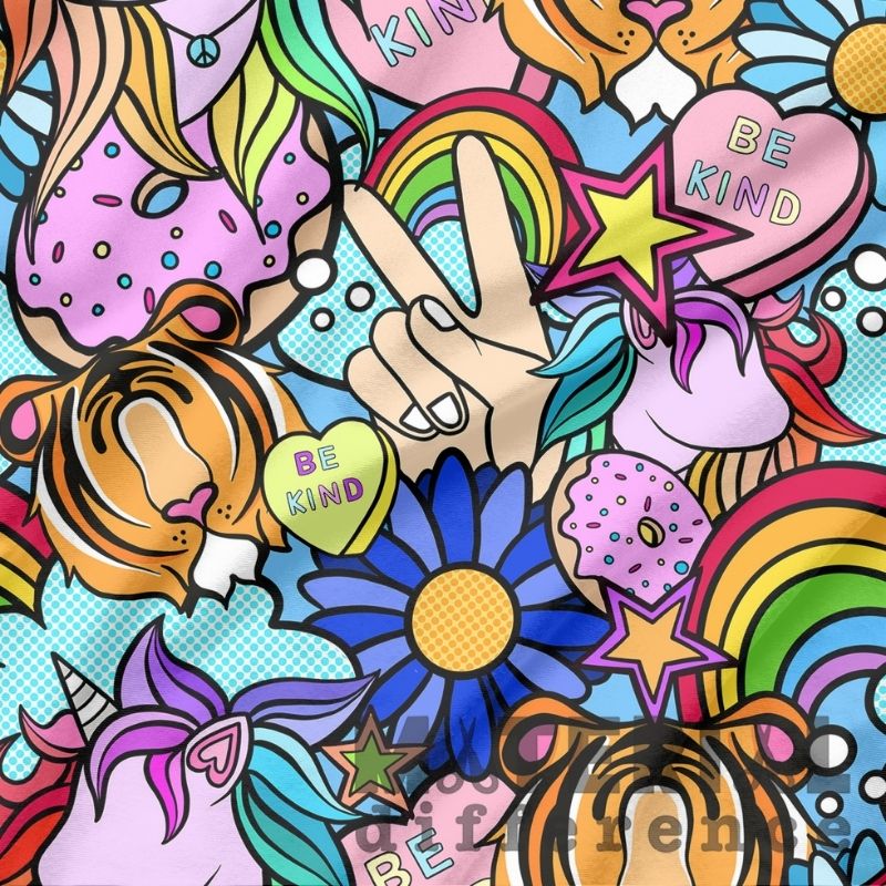 Colorful pattern with unicorns, rainbows, flowers, and 'Be Kind' hearts on a blue background.