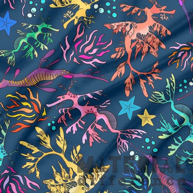 Colorful pattern of seahorses and sea plants on a dark blue background