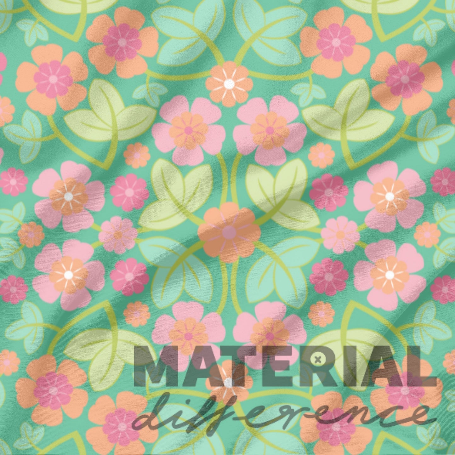 Pink and orange Floral pattern with 'Material Difference' text on a green background
