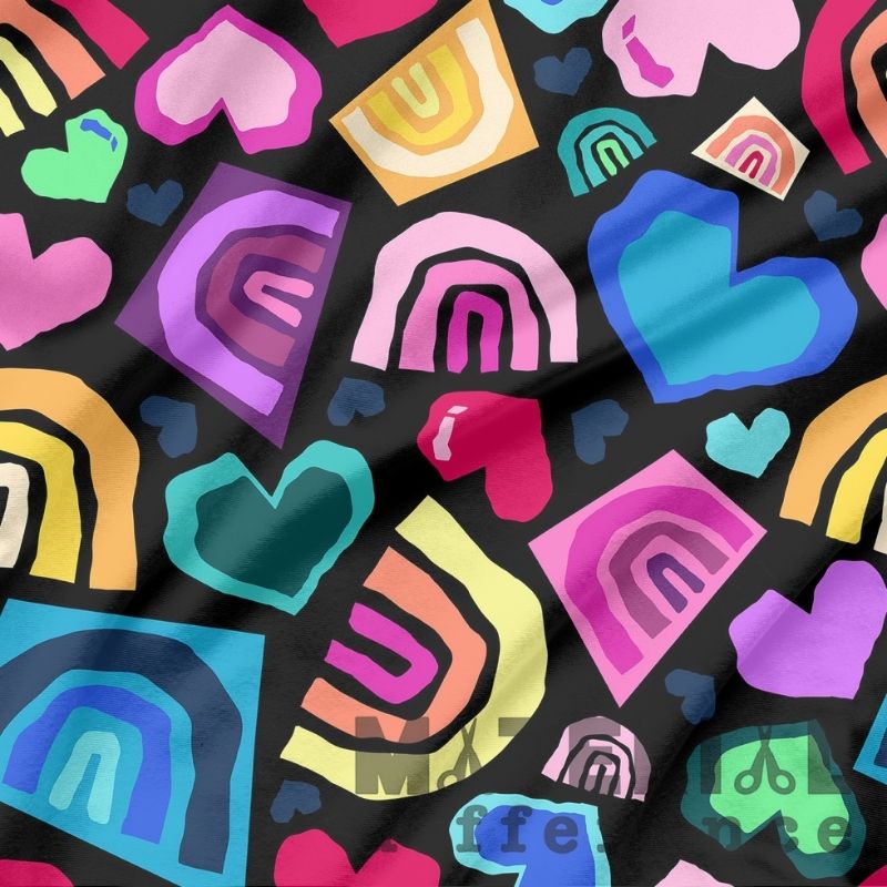 Colorful abstract shapes rainbows and hearts on a black background