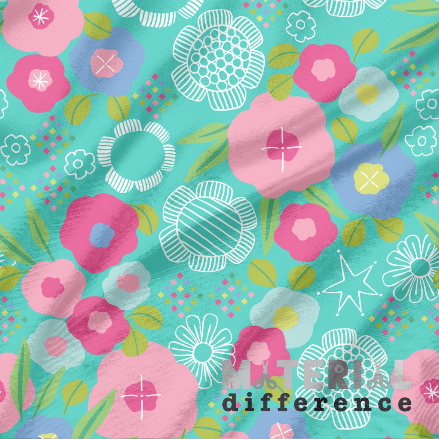 Colorful floral pattern with 'Material Difference' branding on an aqua background