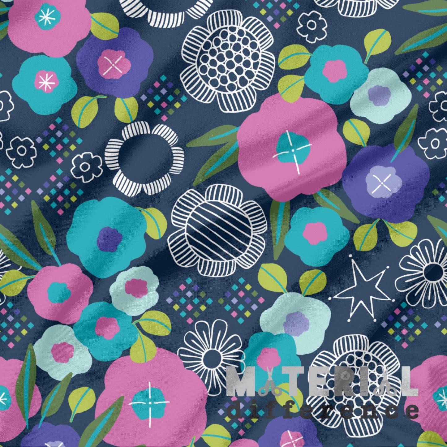 Colorful floral pattern with geometric shapes on a dark blue background