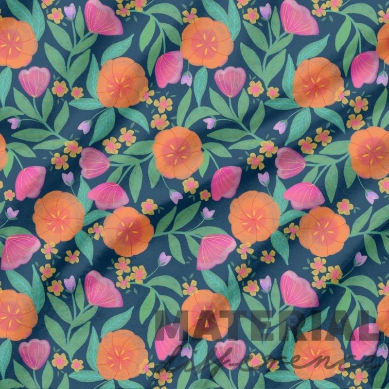 Floral pattern with orange and pink flowers on a dark blue background