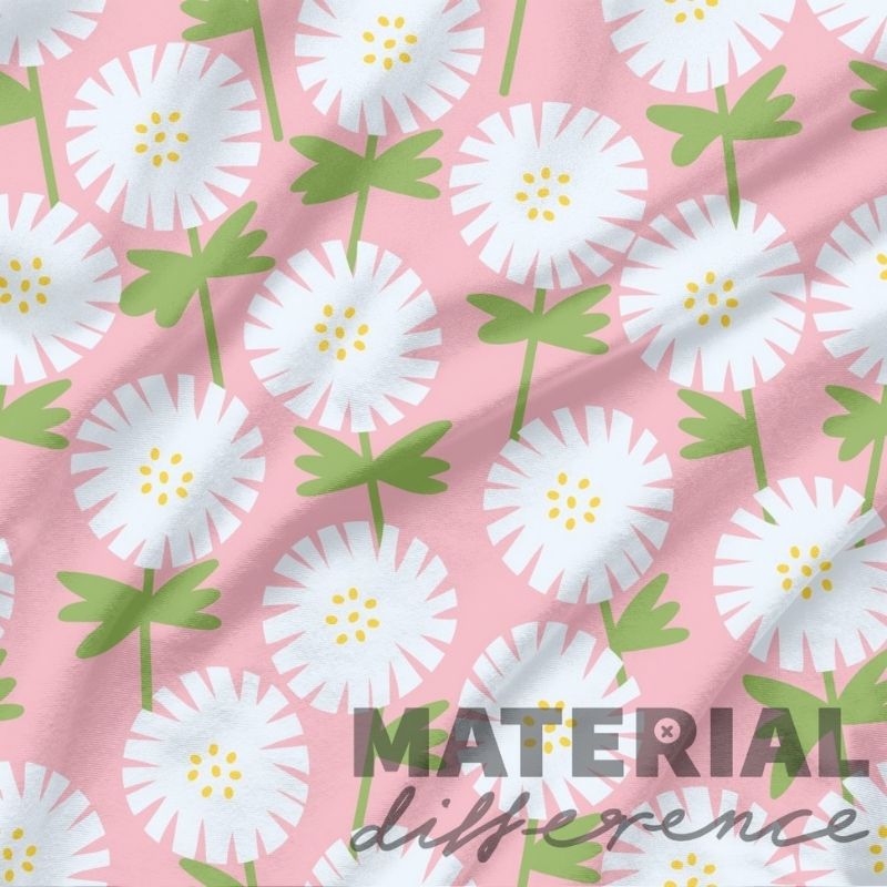 Pattern of white flowers with green leaves on a pink background, featuring the text 'MATERIAL difference'.