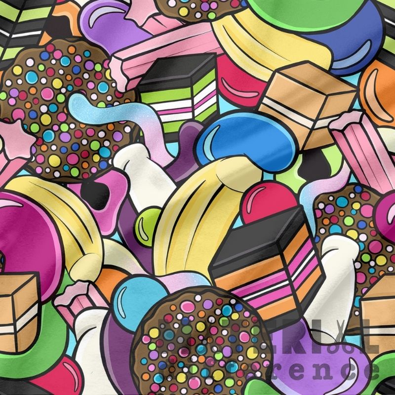 Colorful abstract pattern with various lollies and candy