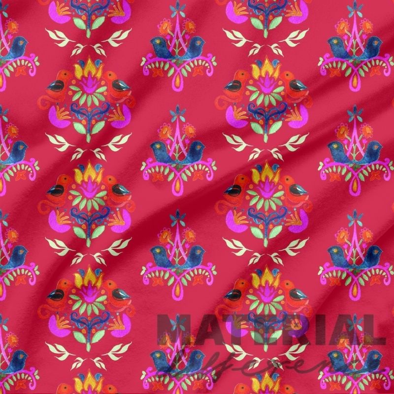 Colorful floral and bird pattern on red fabric with 'MATERIAL Difference' branding.