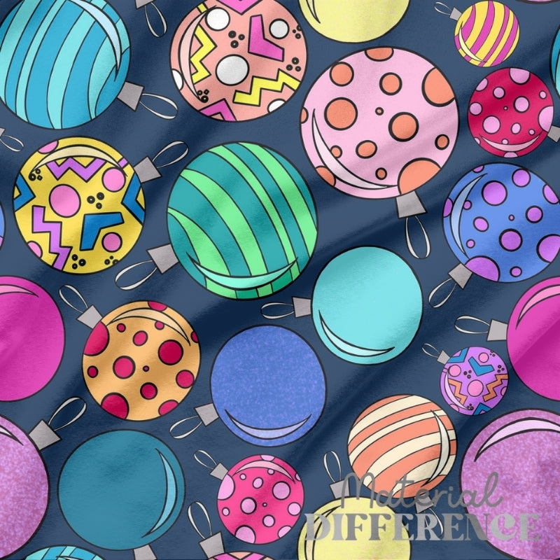 Colorful pattern of Christmas ornaments on a dark blue background