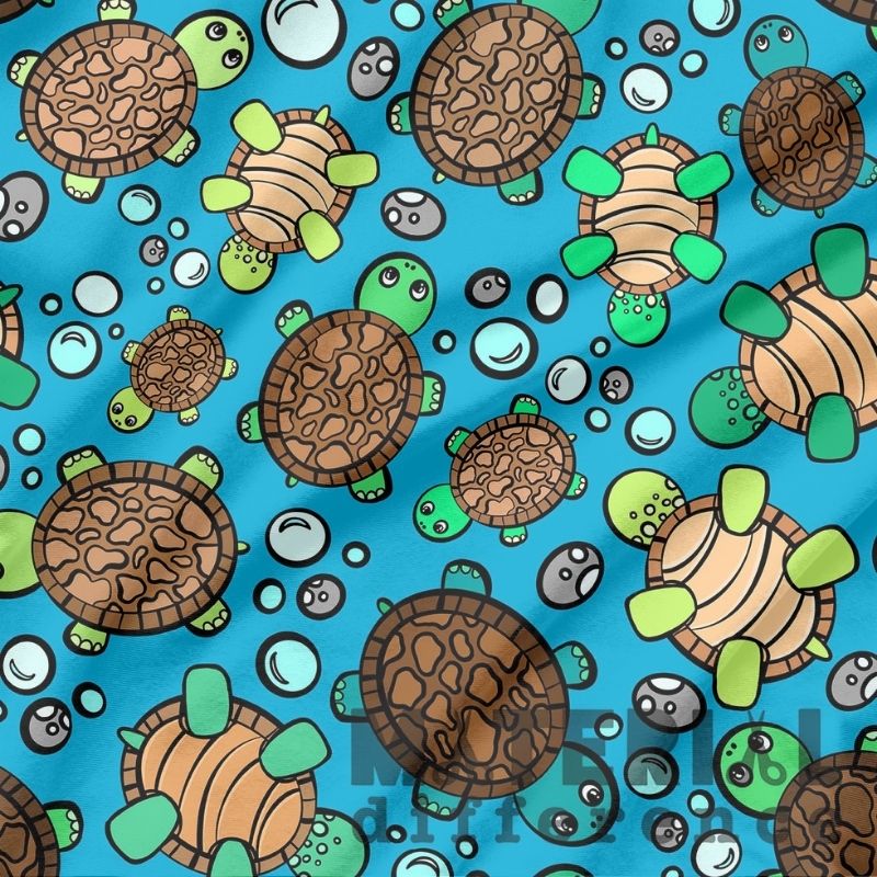 Pattern of cartoon turtles on a blue background with bubbles.