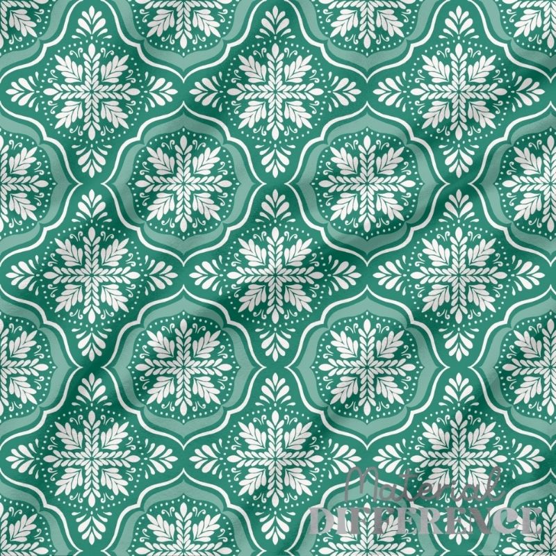 Pattern of white snowflakes on a green geometric background