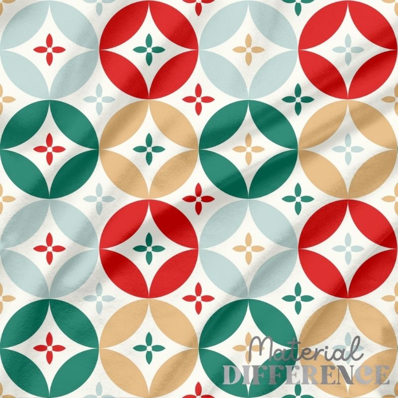 Pattern of geometric shapes in red, green, and gold on a white background with 'Material Difference' branding.
