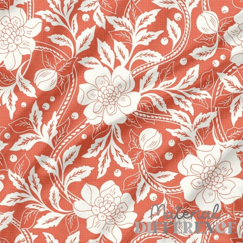 Floral pattern fabric with white flowers on a red background