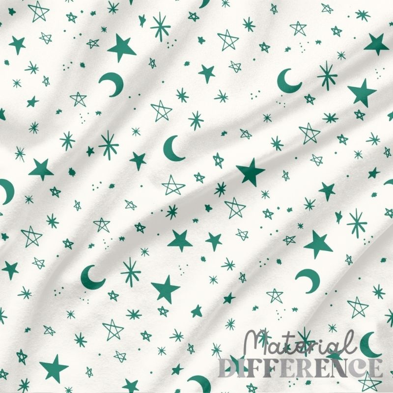 Teal stars and crescent moons pattern on a white background with 'Material Difference' branding.