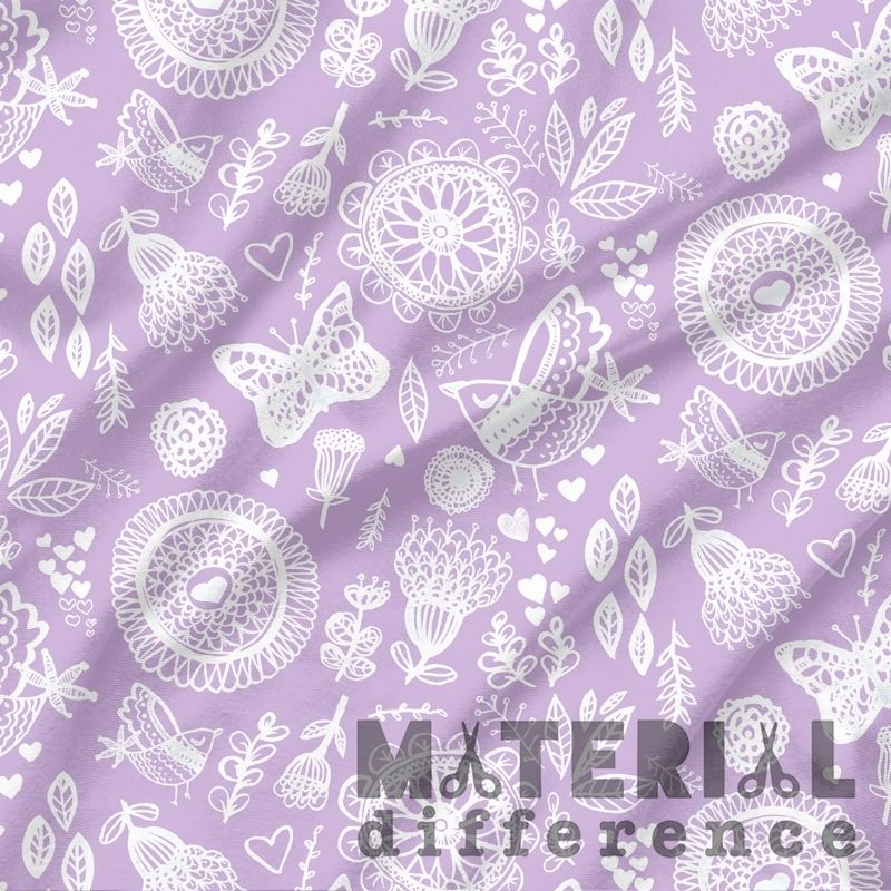 White floral and butterfly pattern on a purple background with 'Material Difference' text.
