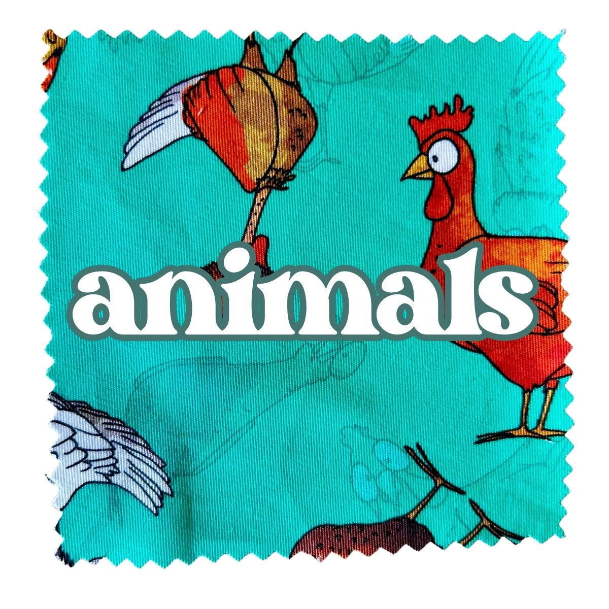 Green background cartoon chickens. Text that says 'Animals'