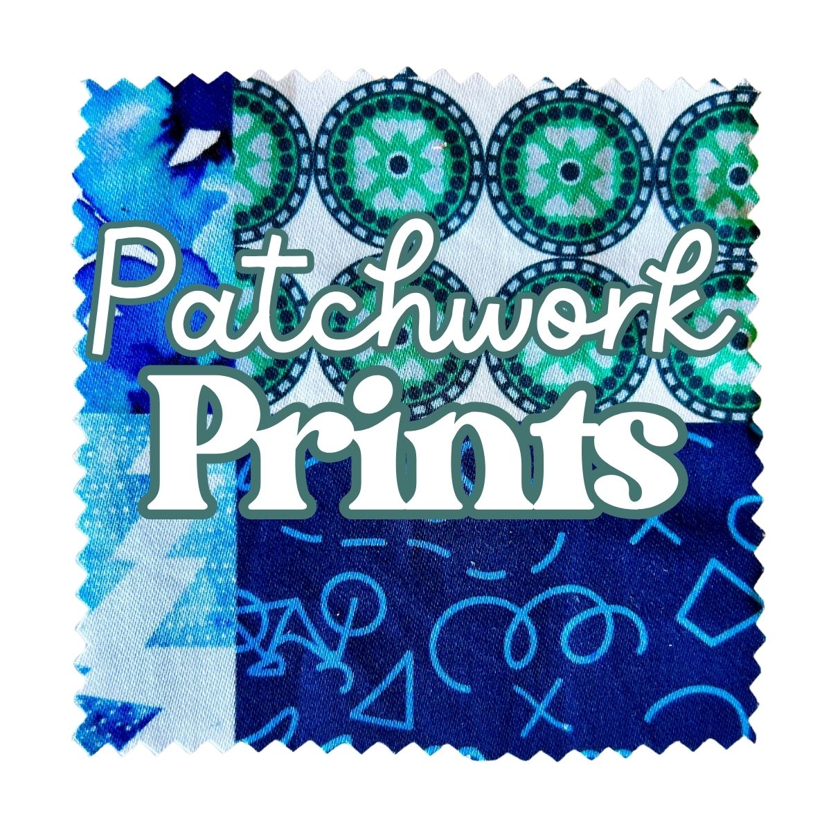 Square patchwork style background with solid, bold colours with Patchwork Prints text