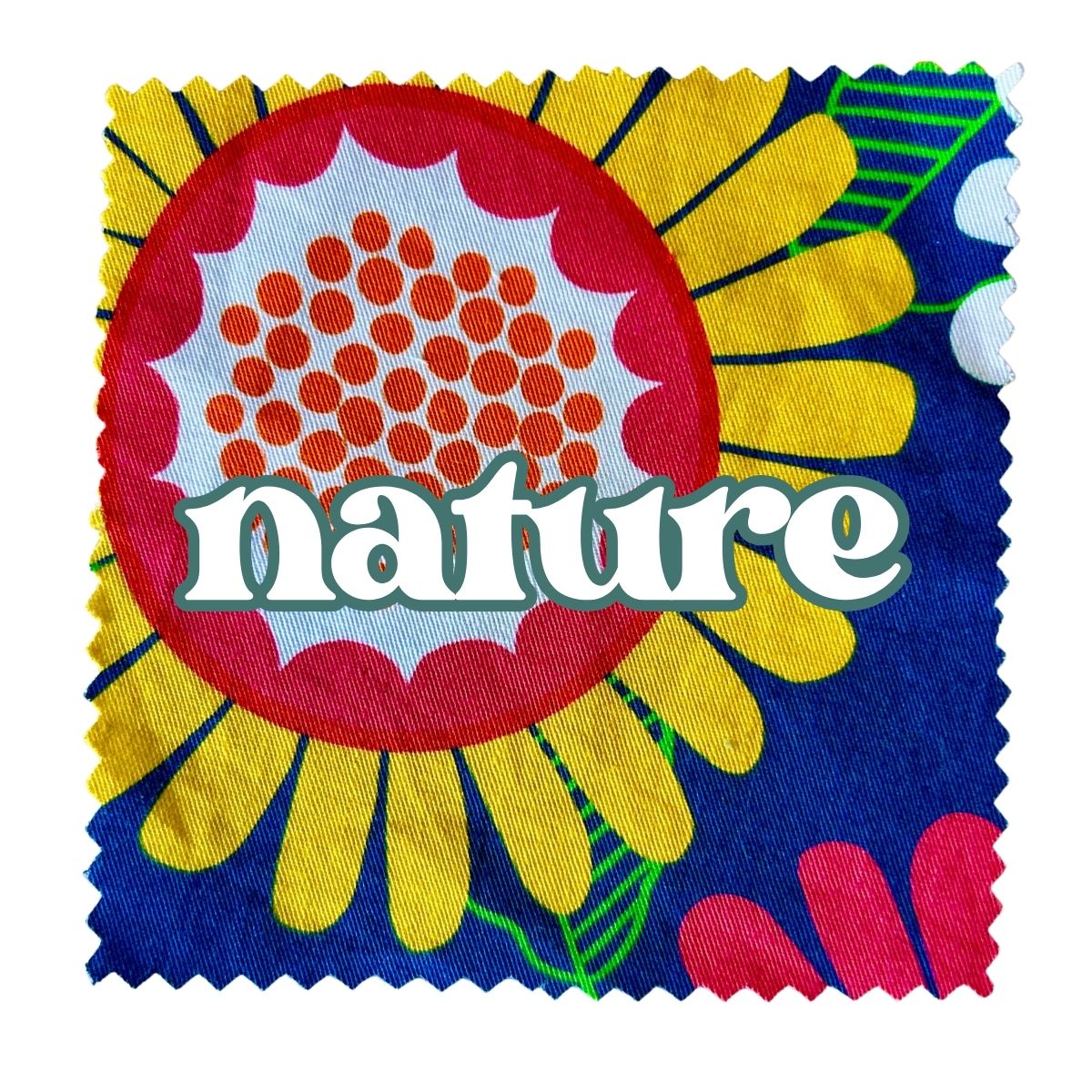 Dark blue background with bold, bright sunflowers in pink, orange, red and white. Text says 'Nature'