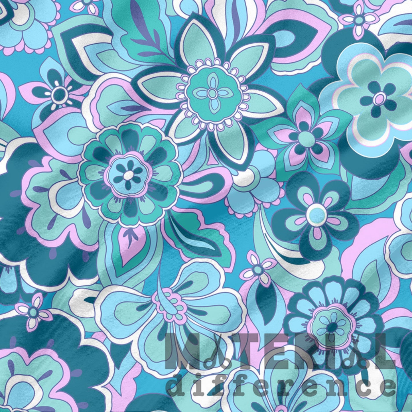 Colorful blue retro floral pattern with 'Material Difference' branding
