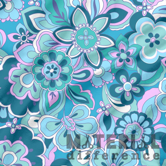Colorful blue retro floral pattern with 'Material Difference' branding