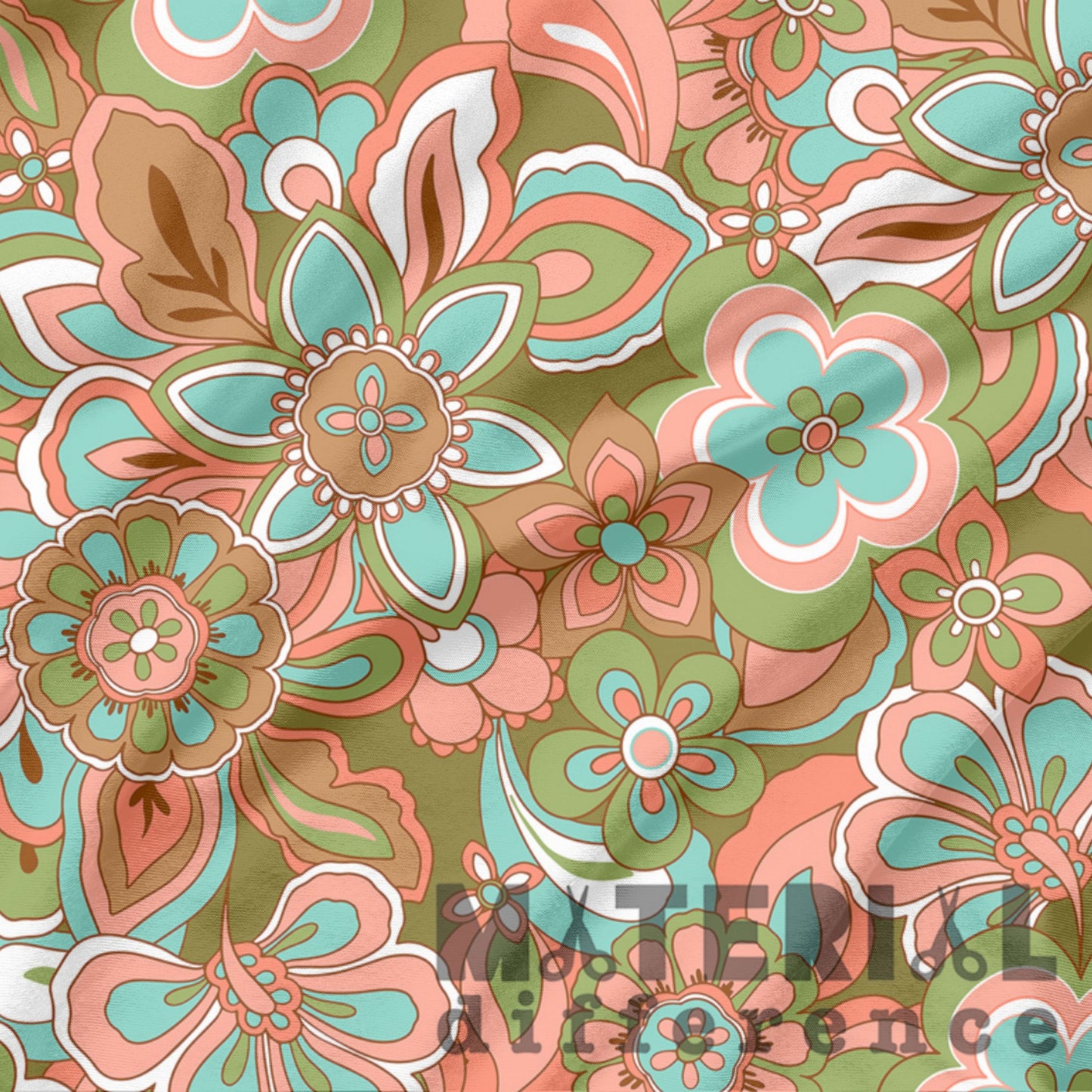 Colorful floral pattern with green, peach, and blue tones on a matching background.