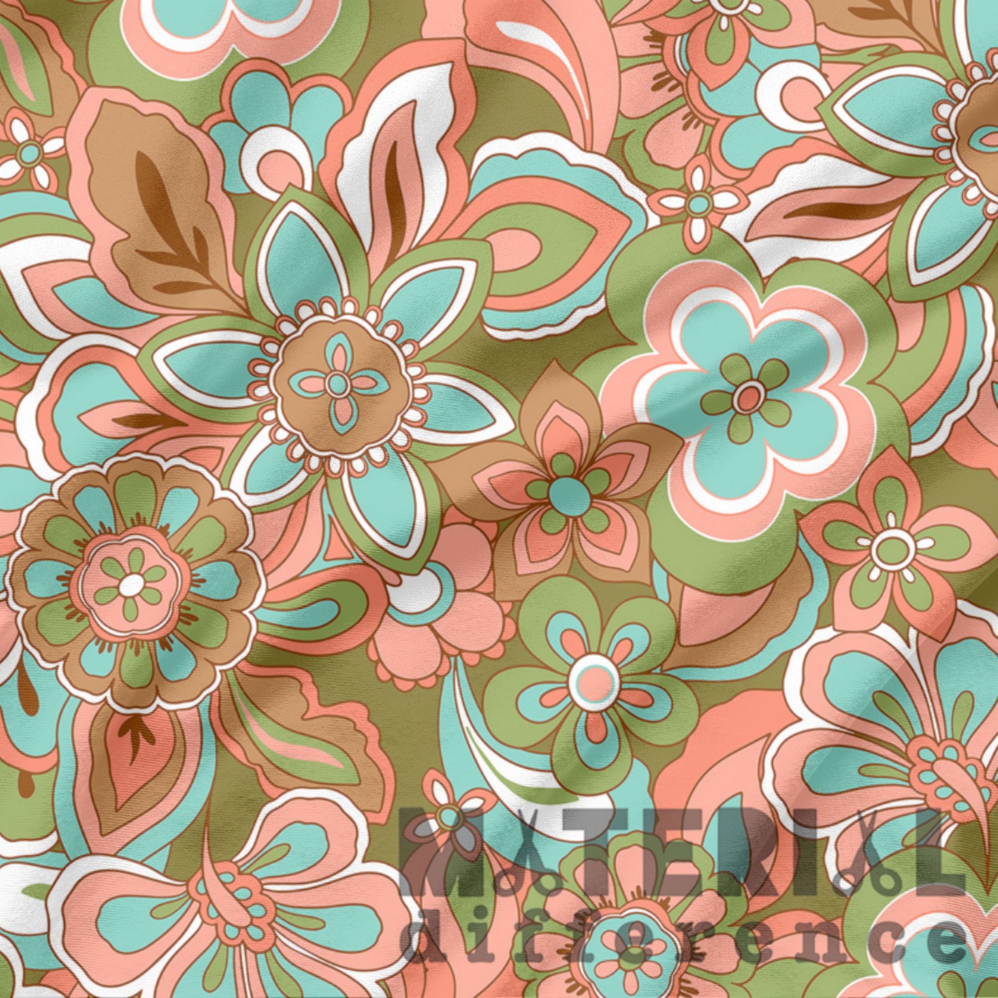 Colorful floral pattern with green, peach, and blue tones on a matching background.