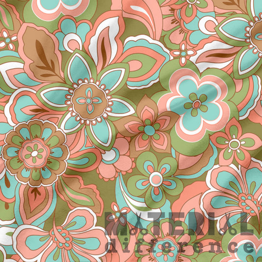 Colorful floral pattern with green, peach, and blue tones on a matching background.
