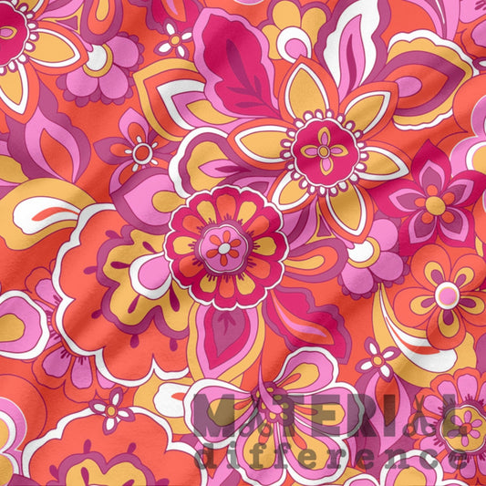Colorful red orange and pink floral pattern with a brand name overlay