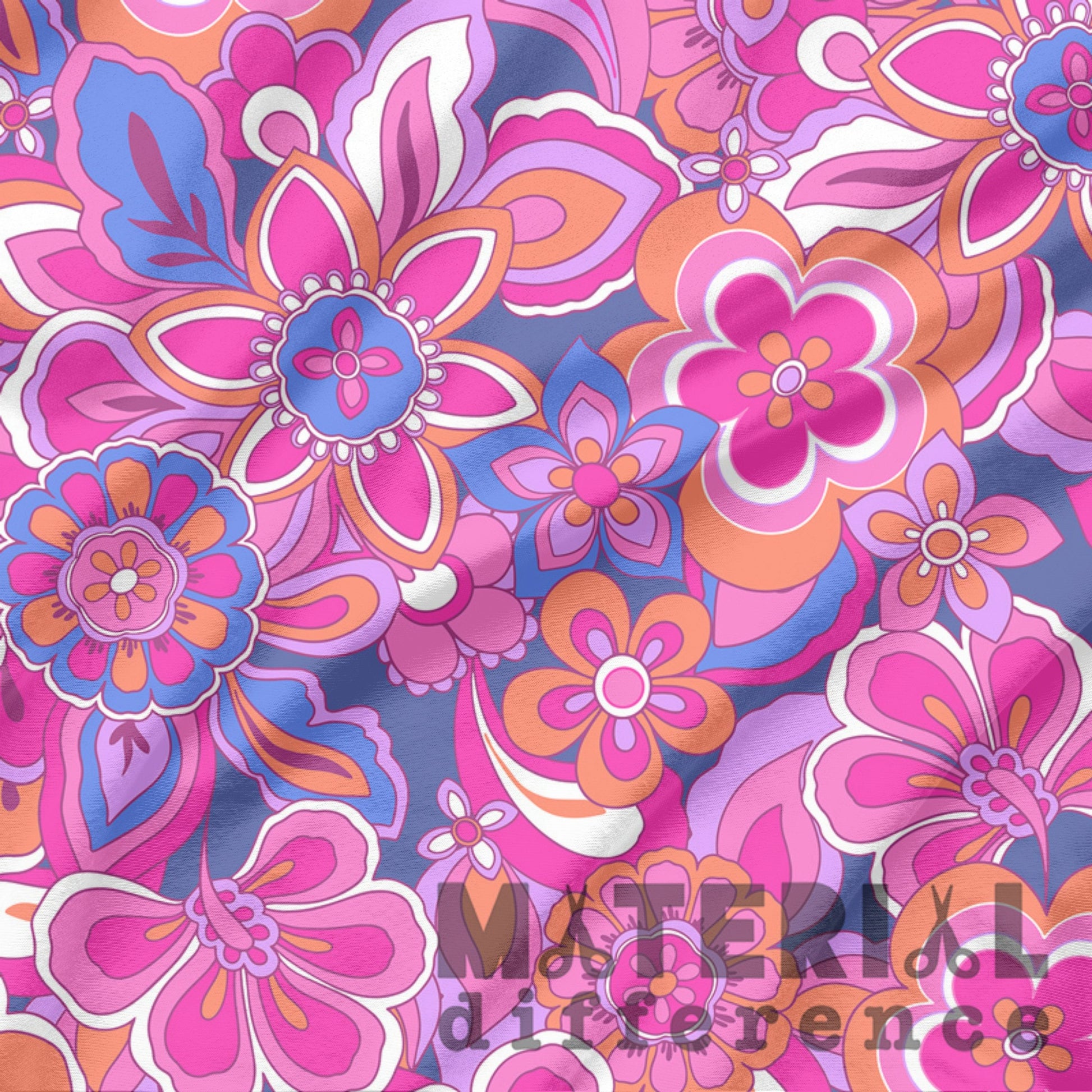 Colorful pink floral pattern with 'Material Difference' text overlay