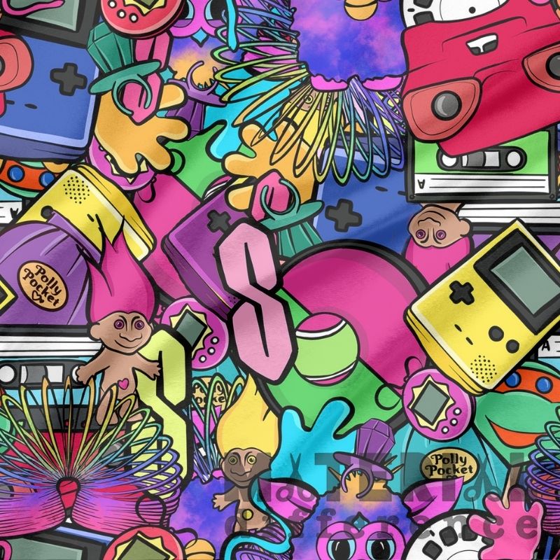 Colorful collage of various retro-themed illustrations including a Game Boy, tinfoil, and cartoon characters.