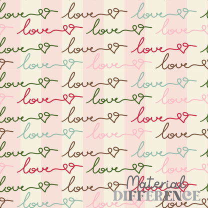 A repeating fabric pattern featuring the word 'love' in multiple colors including brown, olive green, dusty red, mint green, and light pink on a pale pink and white striped background. A watermark for 'Material Difference' is visible in the lower right corner.