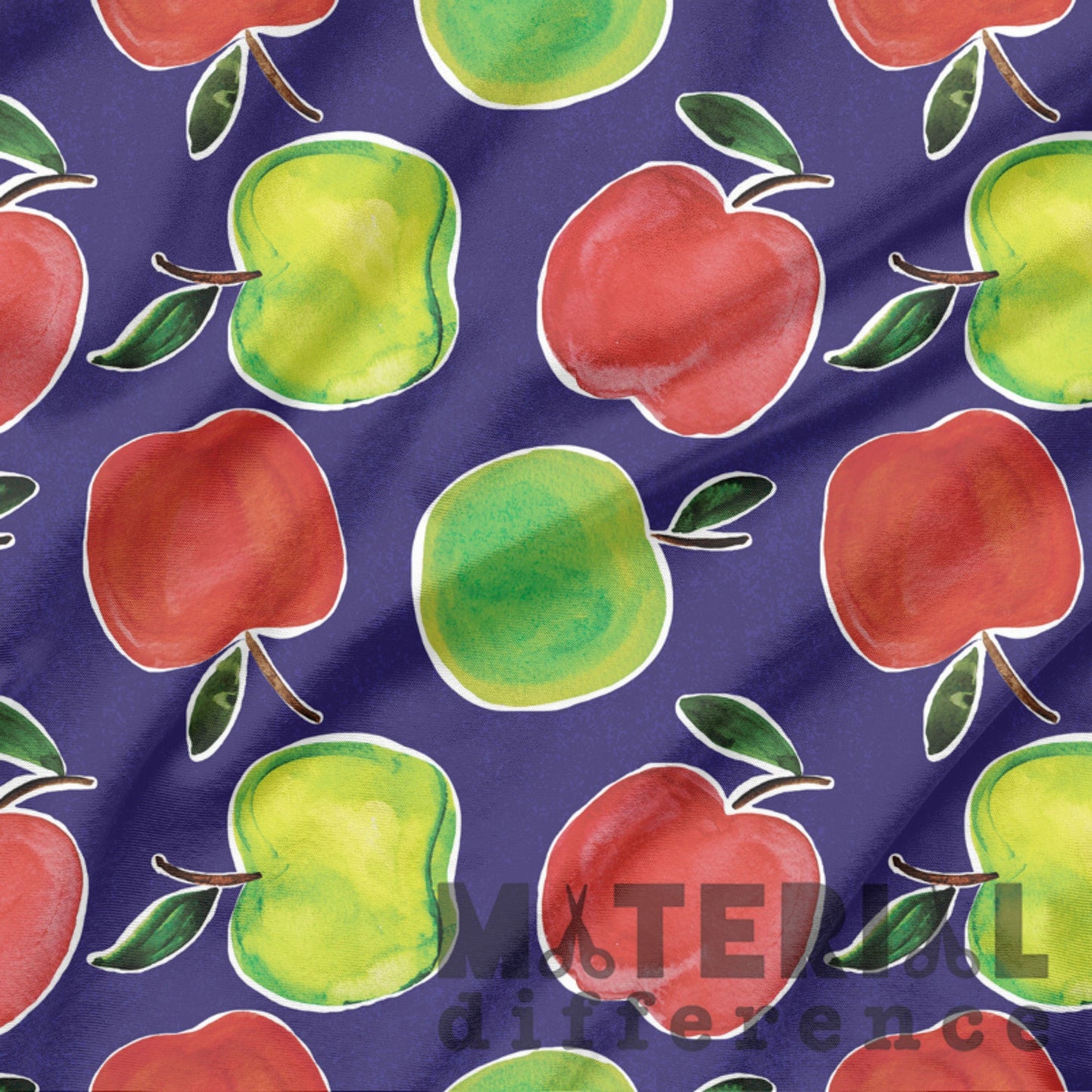 Pattern of red and green apples on a dark purple background