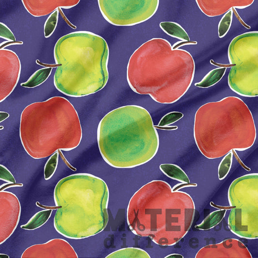 Pattern of red and green apples on a dark purple background