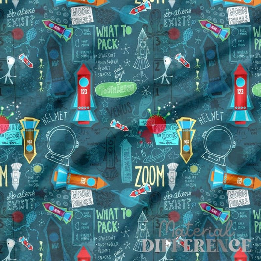 Space themed fabric with rockets, planets and aliens