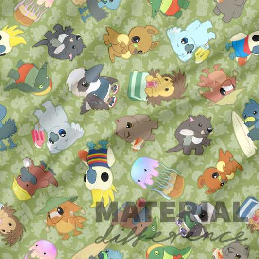 Pattern of cartoon animal characters on a green background with 'Material Difference' text.