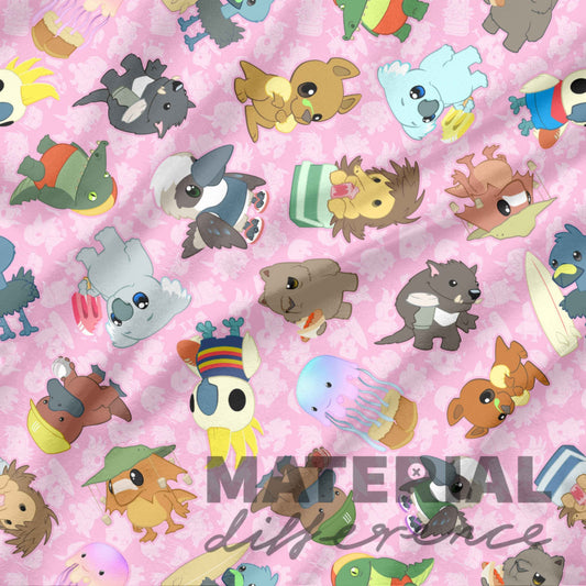 Pattern of cartoon animals on a pink background with 'Material Difference' text.