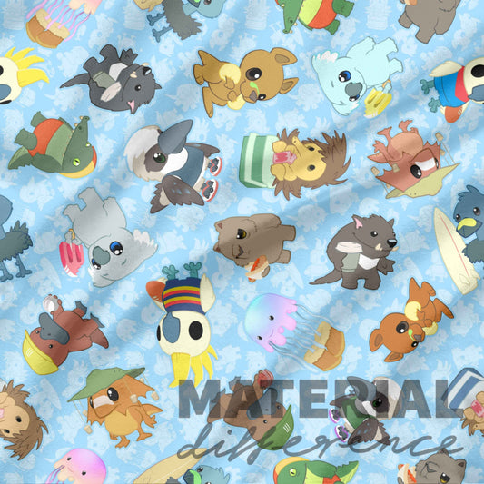 Pattern of cartoon animal characters on a blue background with 'MATERIAL difference' text.