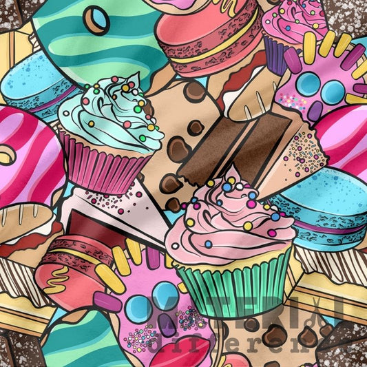 Colorful illustration of various desserts including cupcakes and cookies.