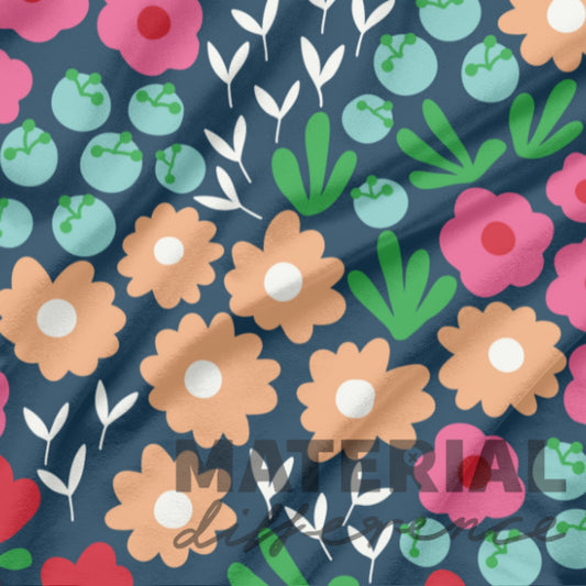 Colorful floral pattern on a dark blue fabric background