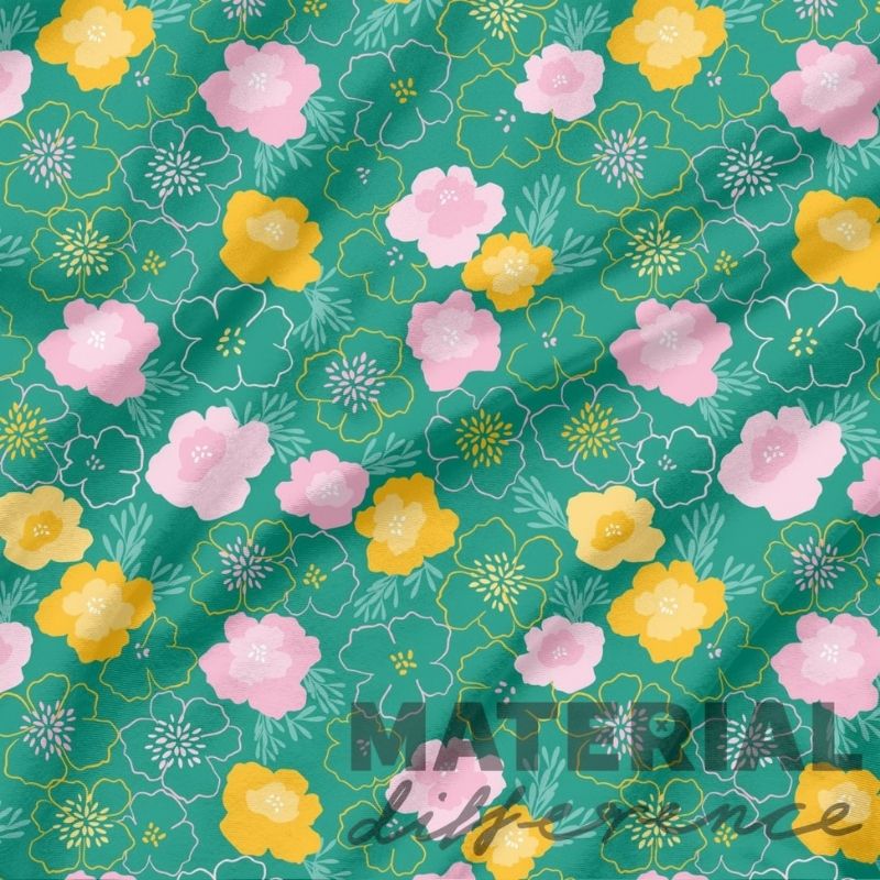 Floral pattern with pink, yellow, and green flowers on a green background.