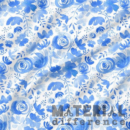 Blue floral pattern on a white background with 'Material Difference' text.