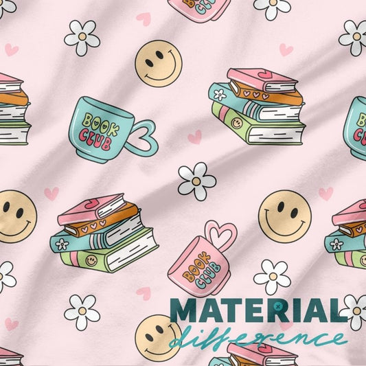 Pattern of books, mugs, and smiley faces on a light pink background with 'Book Club' text.