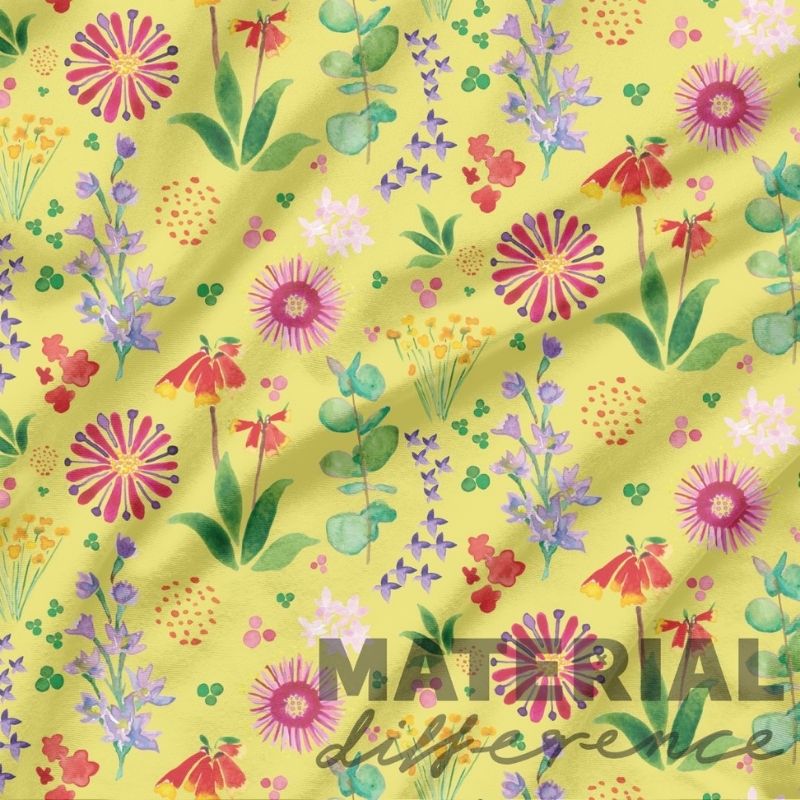 Colorful floral pattern on a yellow background with 'Material Difference' text.
